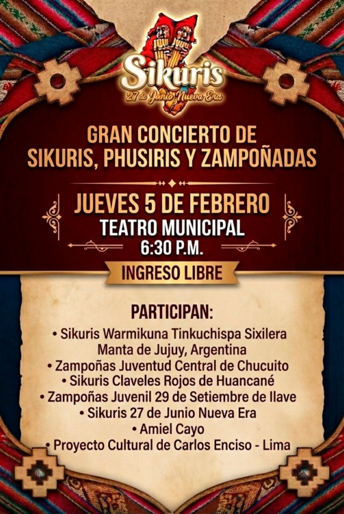 Concierto de Sikuris, Phusiris y Zampoñadas el Jueves 5 en el Teatro Municipal